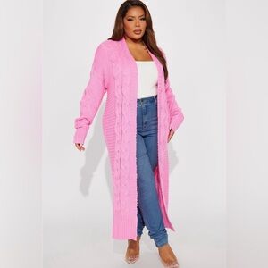 Pink Cable Knit Long Cardigan Sweater